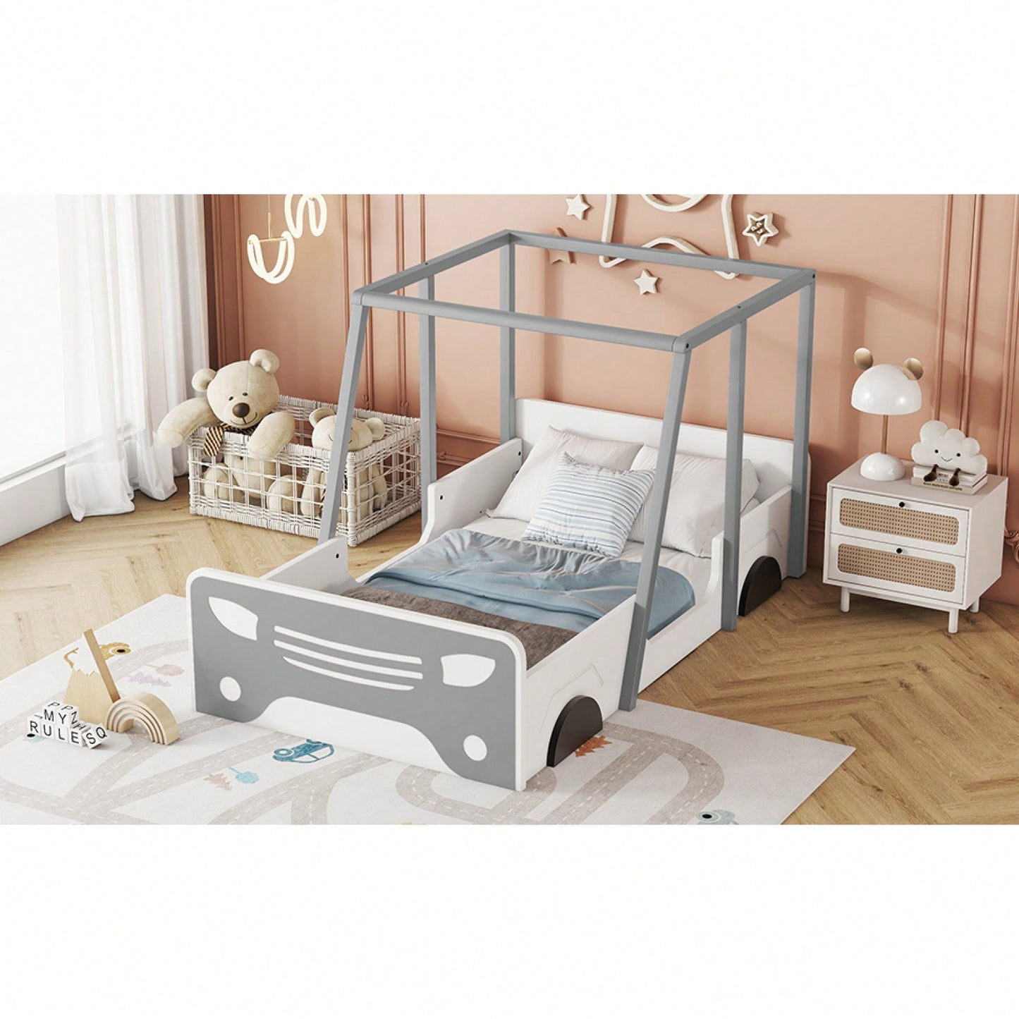 Twin Size Car-Shaped Bed With Roof,Wooden Twin Floor Bed With Wheels And Door Design