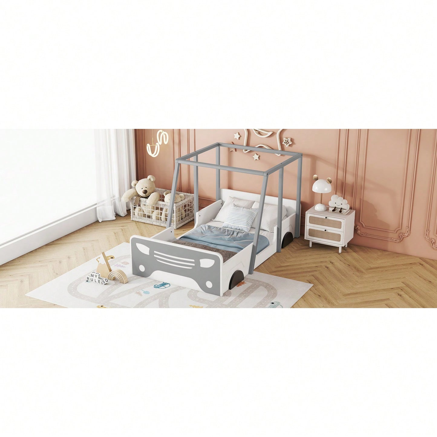 Twin Size Car-Shaped Bed With Roof,Wooden Twin Floor Bed With Wheels And Door Design