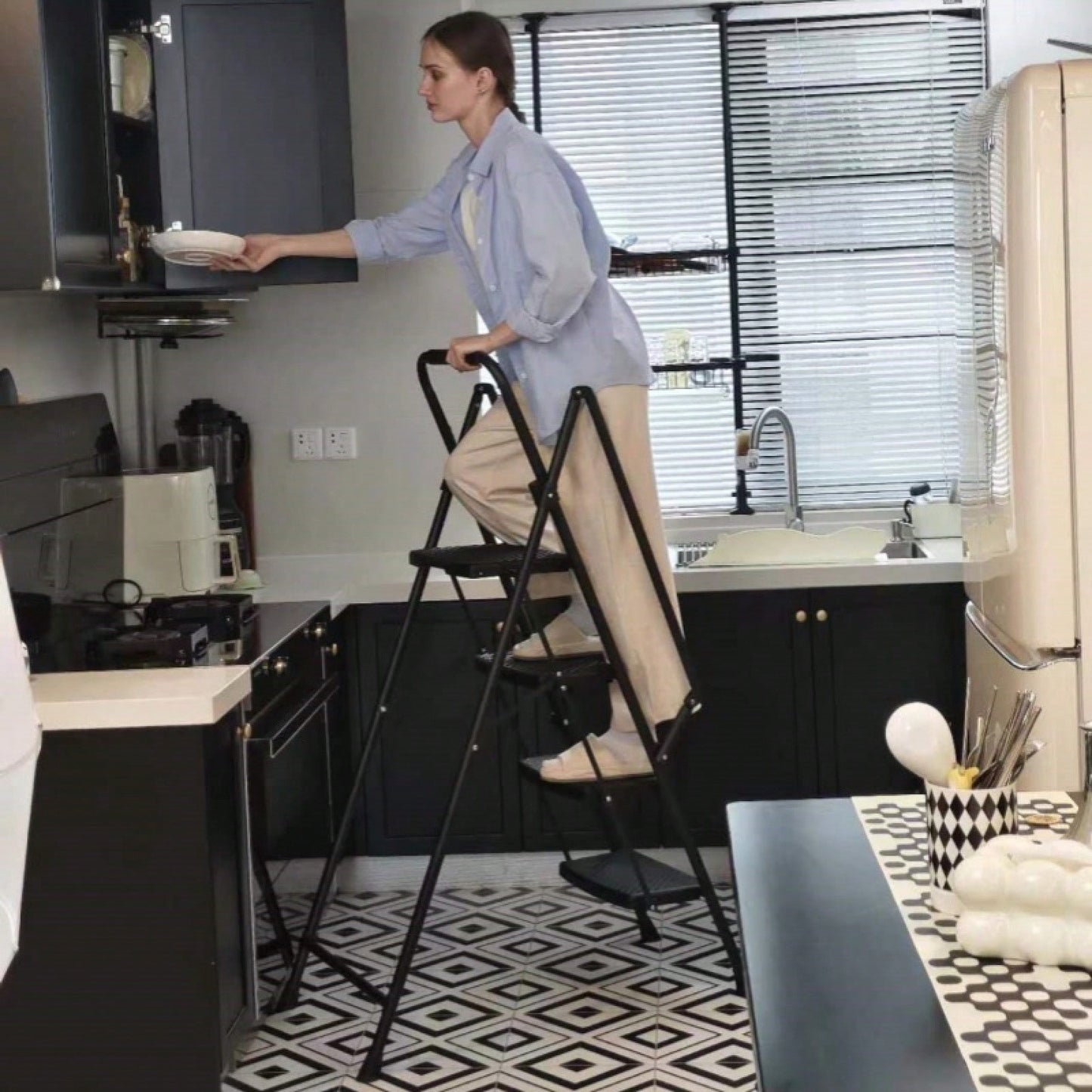 Lightweight Folding Four Step Stool with Anti-Slip Pedal and Safety Handle for Home Kitchen and Office Use