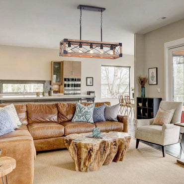 5-Light Dining Room Light Fixture, Farmhouse Linear Chandelier With Solid Wood For Dining Room Kitchen Bar Pool Table