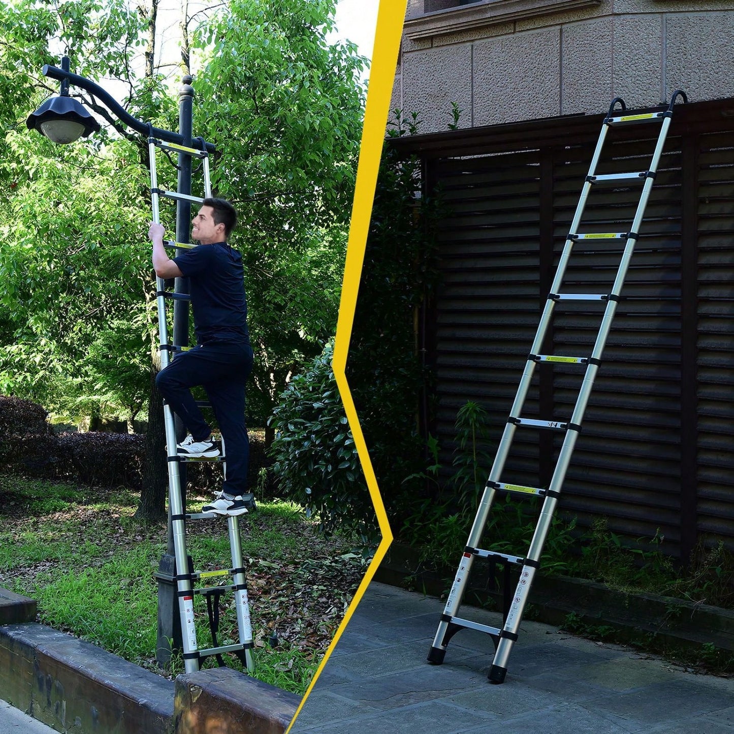 9.5ft Aluminum Telescoping Ladder with Stabilizers and Hooks - 330lbs Capacity Multi-Purpose for Home and Industrial Use
