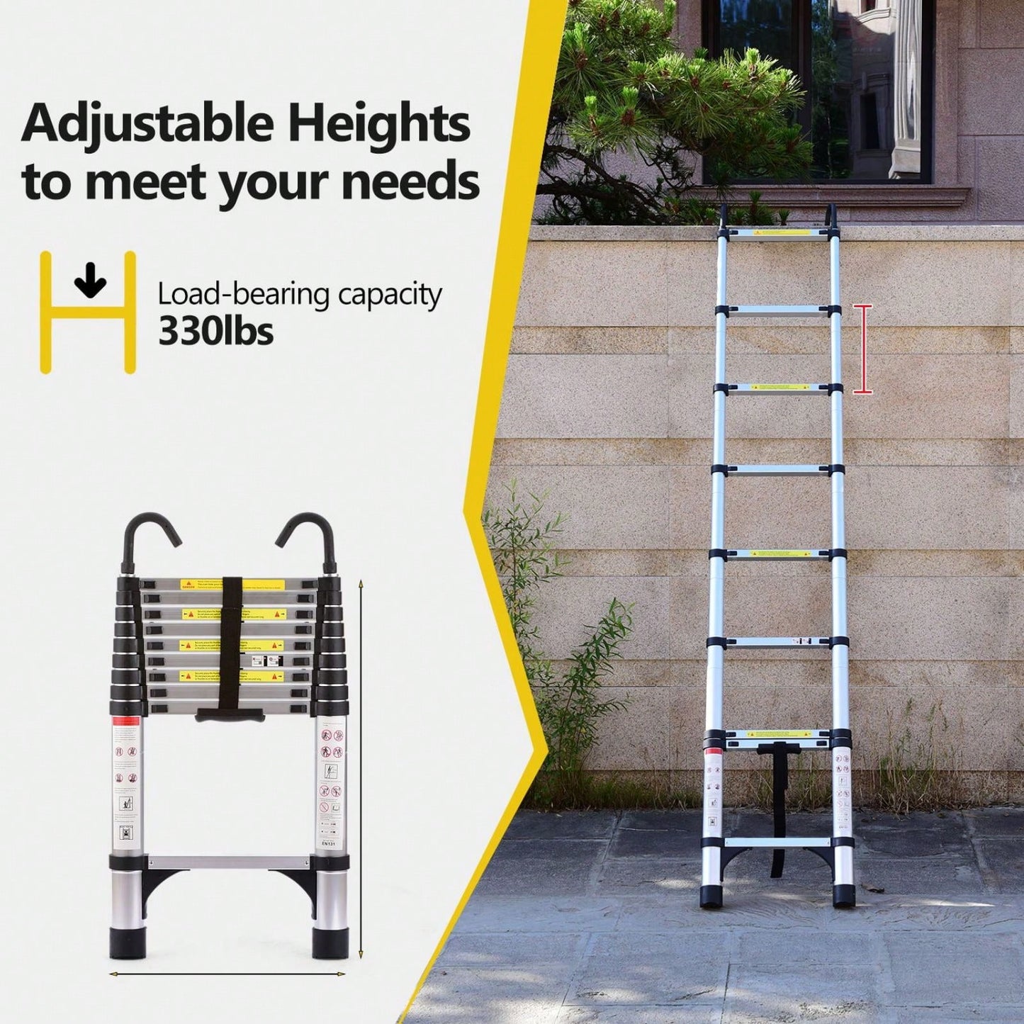 9.5ft Aluminum Telescoping Ladder with Stabilizers and Hooks - 330lbs Capacity Multi-Purpose for Home and Industrial Use