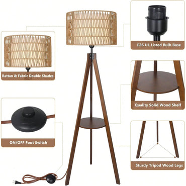 Bohemian Tripod Floor Lamp with Rattan and Fabric Shades 59 Inch Tall Modern Farmhouse Light with Shelves and Foot Switch