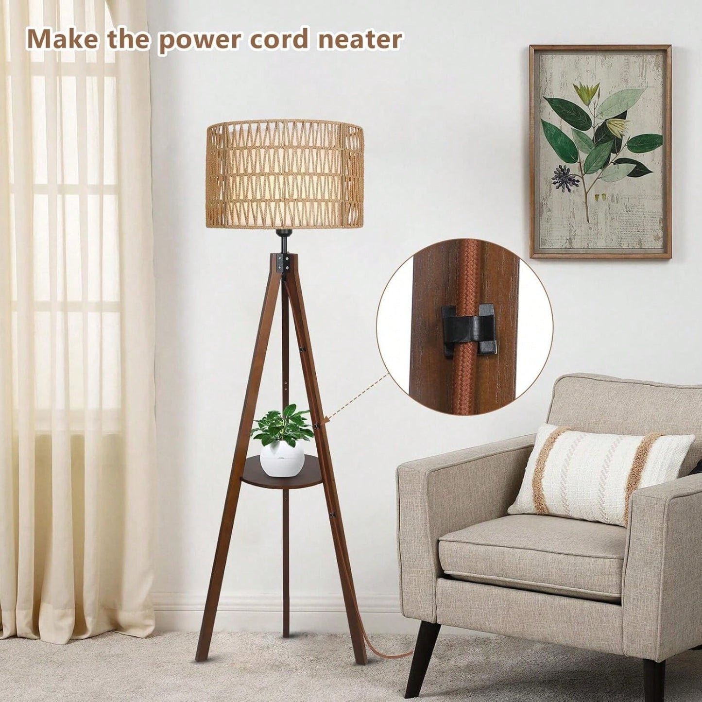 Bohemian Tripod Floor Lamp with Rattan and Fabric Shades 59 Inch Tall Modern Farmhouse Light with Shelves and Foot Switch