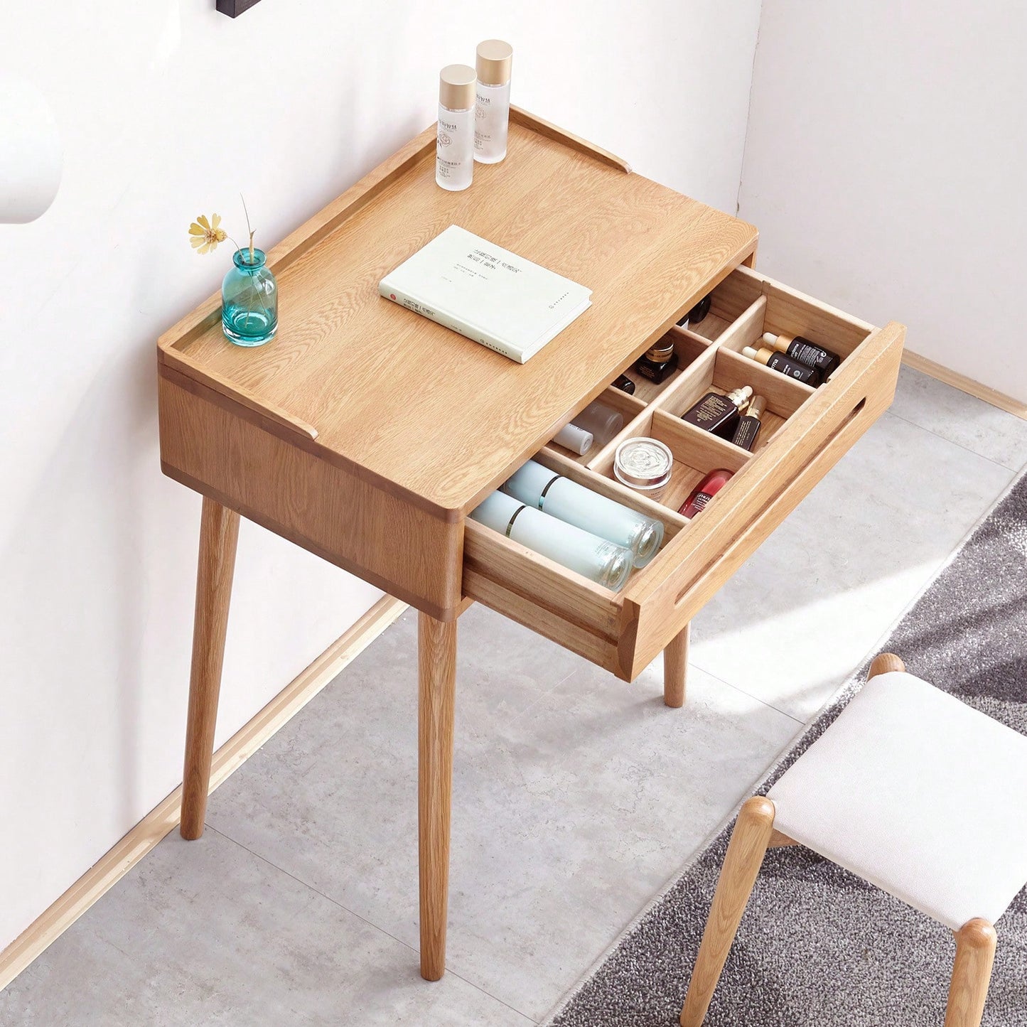 Compact Solid Wood Dresser Table with Storage Drawer for Small Spaces - 60cm Natural Bistro Desk for Bedroom Living Room or Entryway