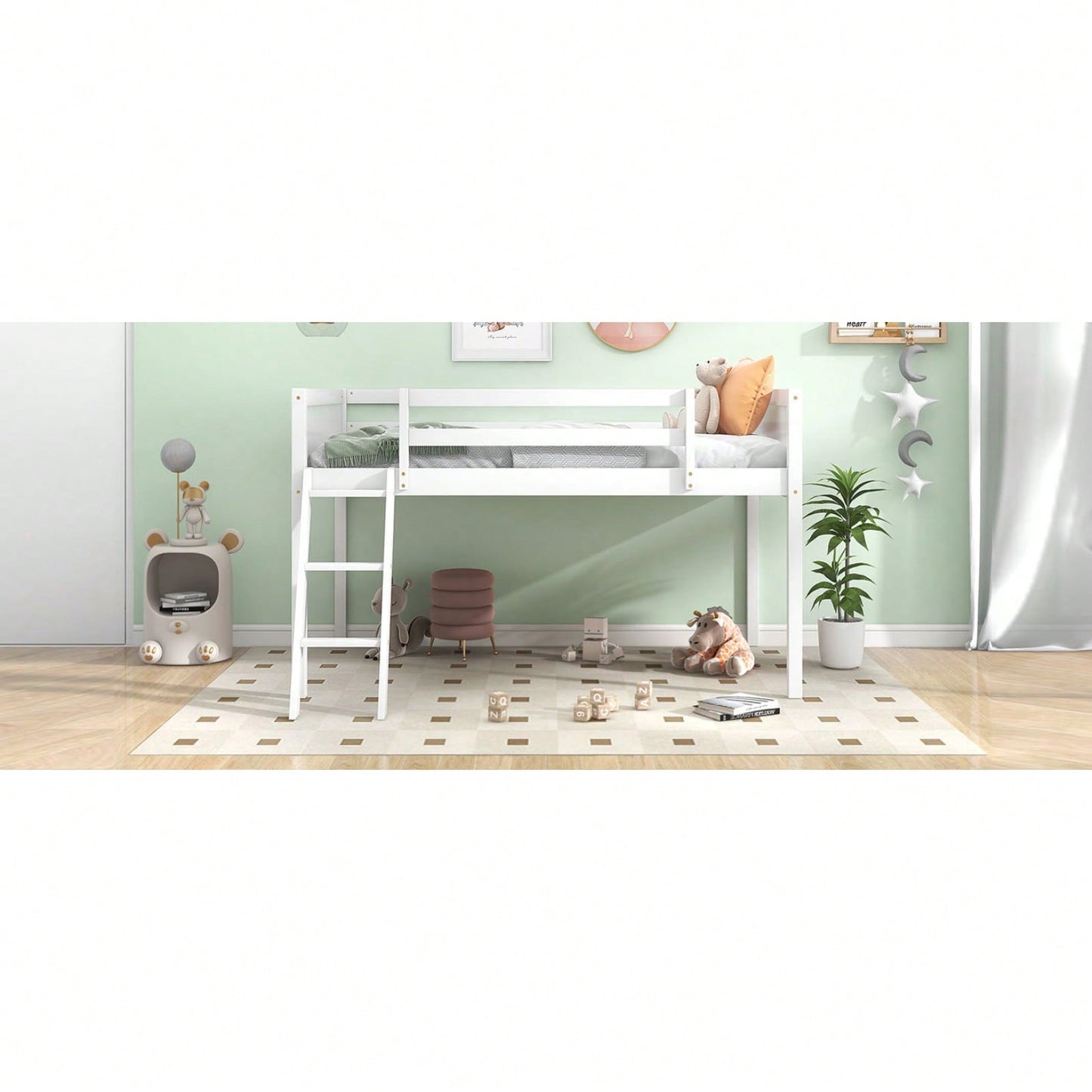 Twin Size Low Loft Bed With Reversible Ladder | Space Saving Design For Kids | Sturdy Wood Frame
