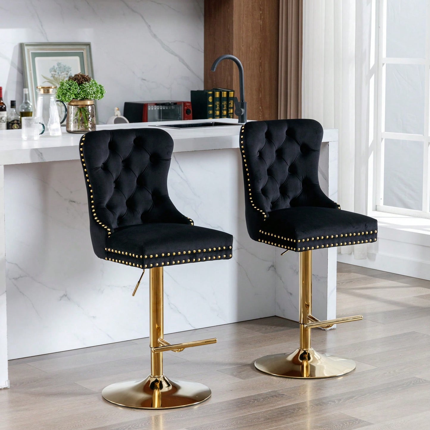 Adjustable Velvet Bar Stools Set of 2 with Back and Swivel Modern Tufted Counter Height Seating for Kitchen Island and Home Bar