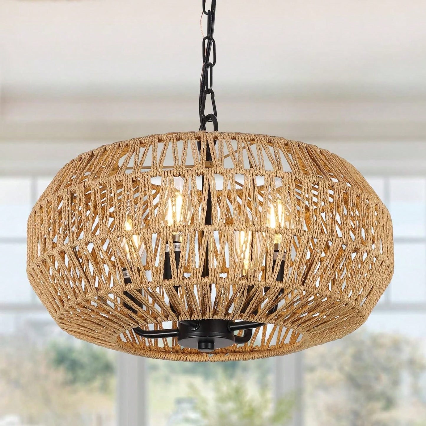 Boho Rattan Pendant Light 4-Light Hand Woven Basket Design Adjustable Height for Dining Room Kitchen Bedroom Foyer