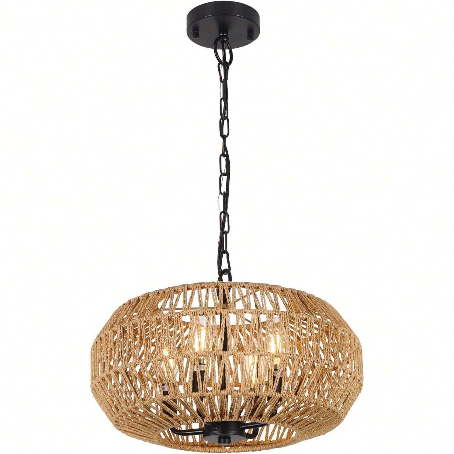 Boho Rattan Pendant Light 4-Light Hand Woven Basket Design Adjustable Height for Dining Room Kitchen Bedroom Foyer