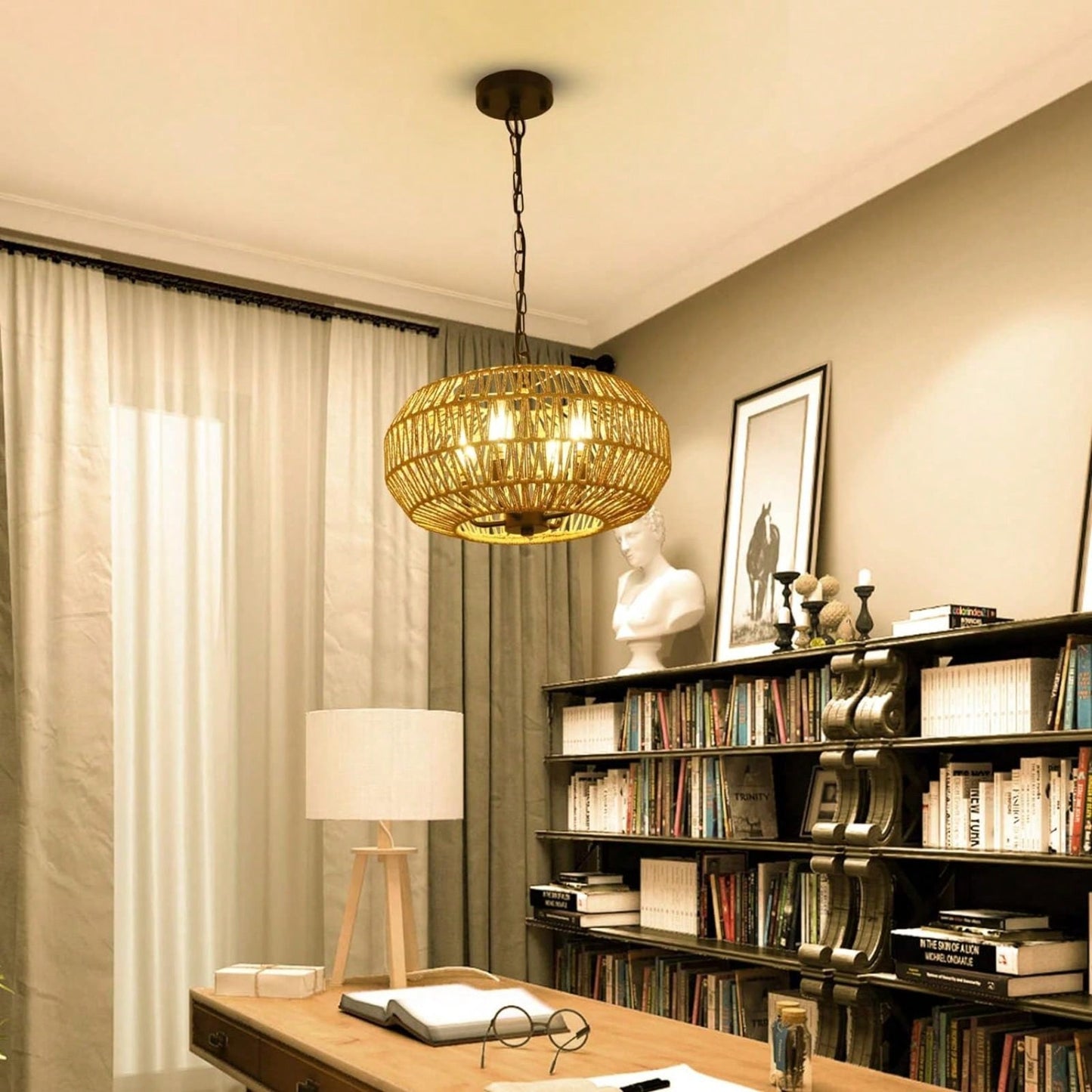 Boho Rattan Pendant Light 4-Light Hand Woven Basket Design Adjustable Height for Dining Room Kitchen Bedroom Foyer
