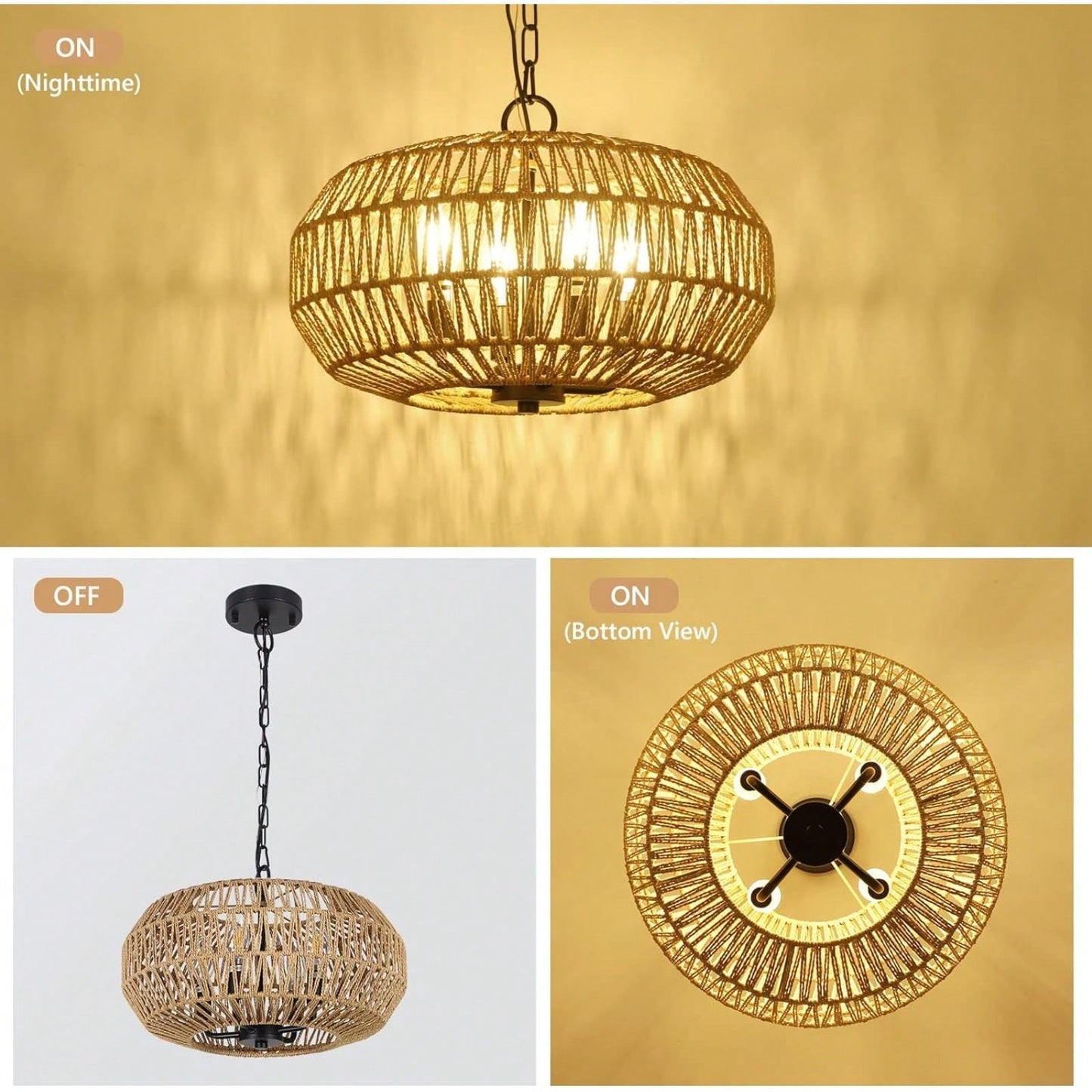 Boho Rattan Pendant Light 4-Light Hand Woven Basket Design Adjustable Height for Dining Room Kitchen Bedroom Foyer