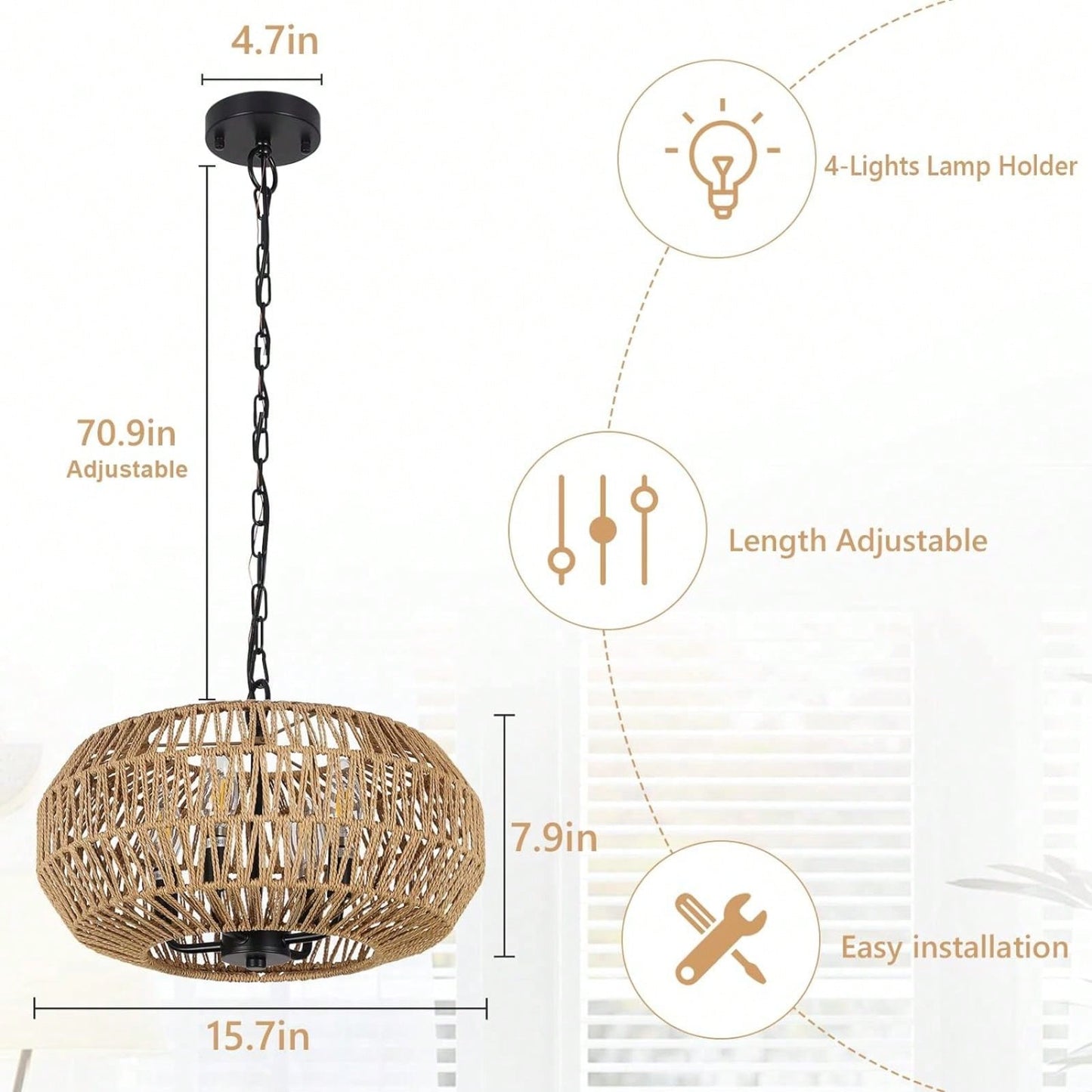 Boho Rattan Pendant Light 4-Light Hand Woven Basket Design Adjustable Height for Dining Room Kitchen Bedroom Foyer