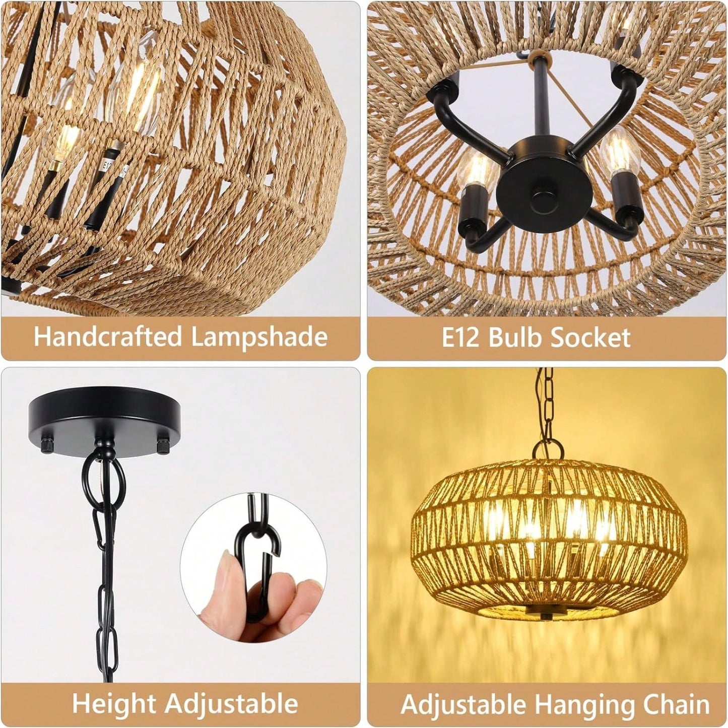 Boho Rattan Pendant Light 4-Light Hand Woven Basket Design Adjustable Height for Dining Room Kitchen Bedroom Foyer