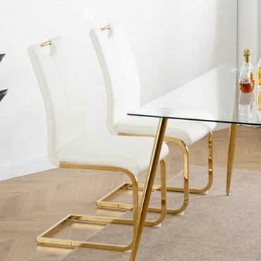 Set of 2 Modern Ergonomic Dining Chairs Faux Leather Upholstered Seat with Gold Metal Legs for Kitchen Living Room Bedroom