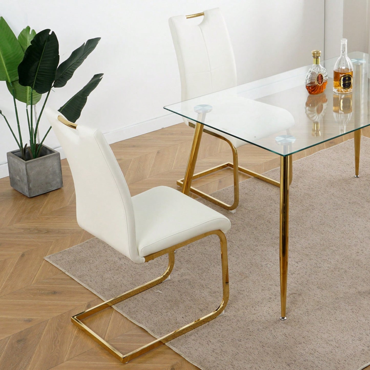 Set of 2 Modern Ergonomic Dining Chairs Faux Leather Upholstered Seat with Gold Metal Legs for Kitchen Living Room Bedroom