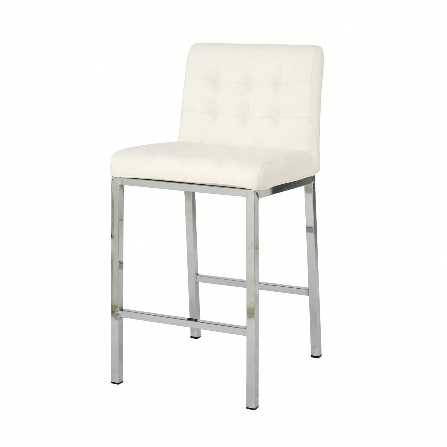 Modern Counter Stools (Set Of 2) - Comfortable PU Leather Bar Chairs With Electroplated Legs And Grid Design - White