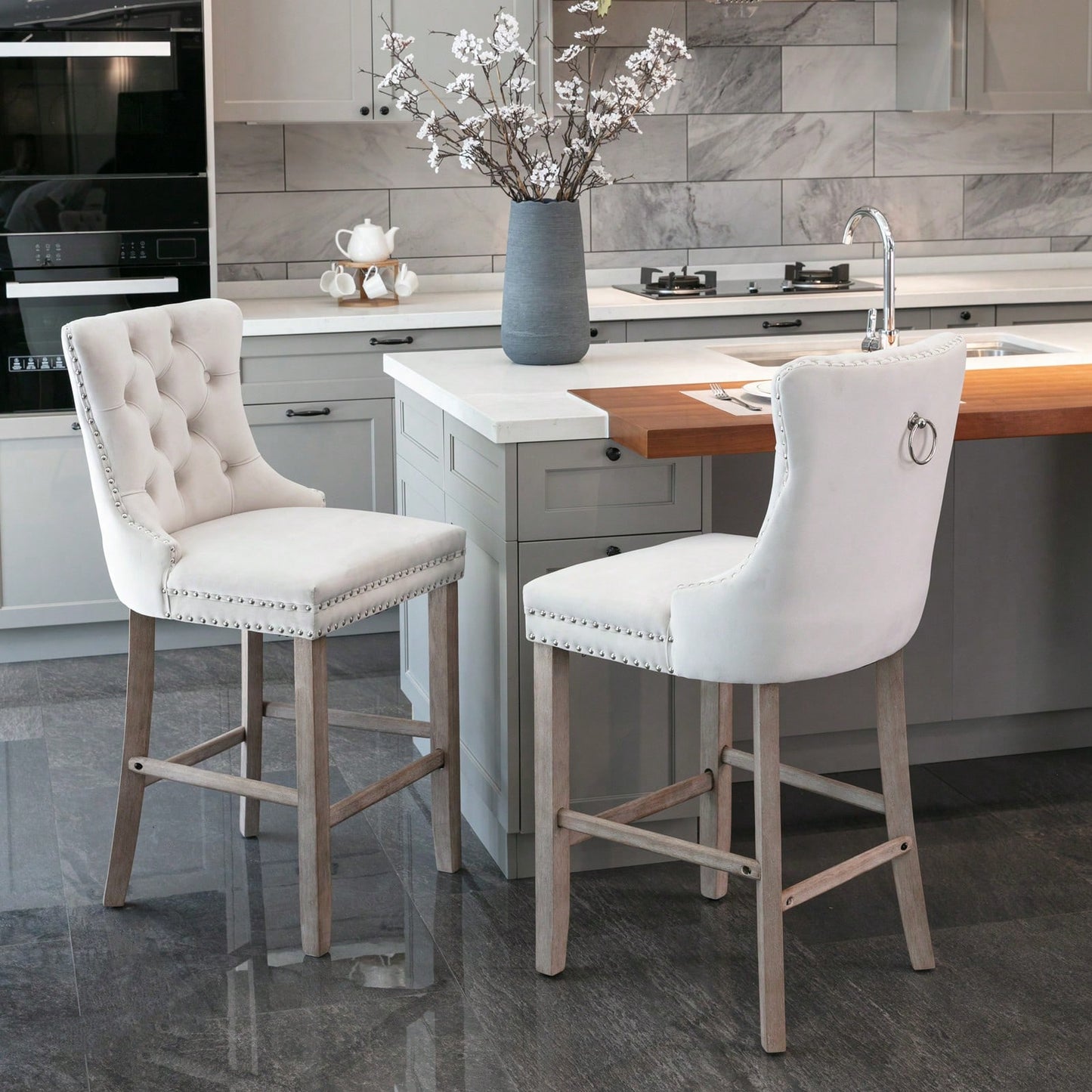 Contemporary Velvet Barstools Set of 2 High Back Tufted Upholstered Counter Chairs with Wood Legs and Chrome Trim