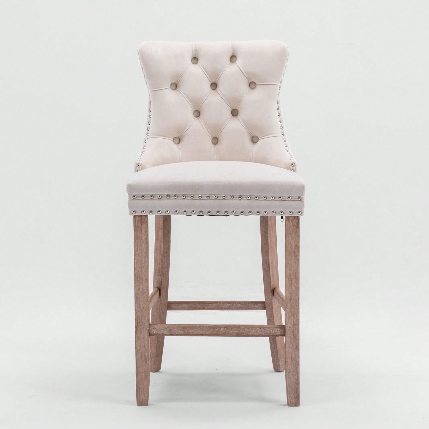 Contemporary Velvet Barstools Set of 2 High Back Tufted Upholstered Counter Chairs with Wood Legs and Chrome Trim