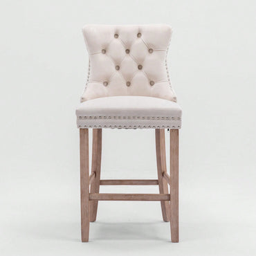Contemporary Velvet Barstools Set of 2 High Back Tufted Upholstered Counter Chairs with Wood Legs and Chrome Trim