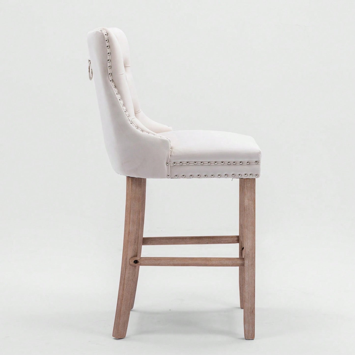 Contemporary Velvet Barstools Set of 2 High Back Tufted Upholstered Counter Chairs with Wood Legs and Chrome Trim