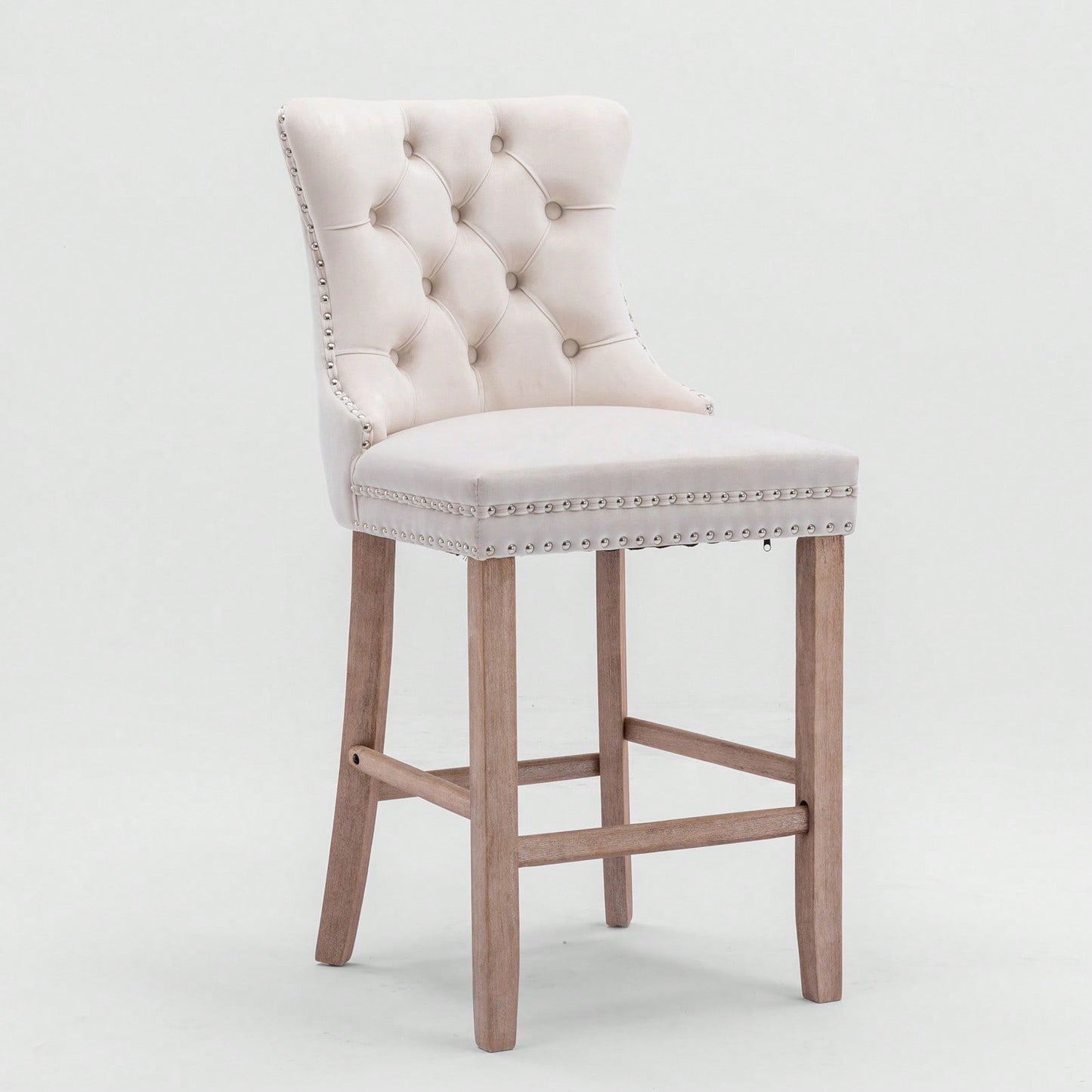 Contemporary Velvet Barstools Set of 2 High Back Tufted Upholstered Counter Chairs with Wood Legs and Chrome Trim