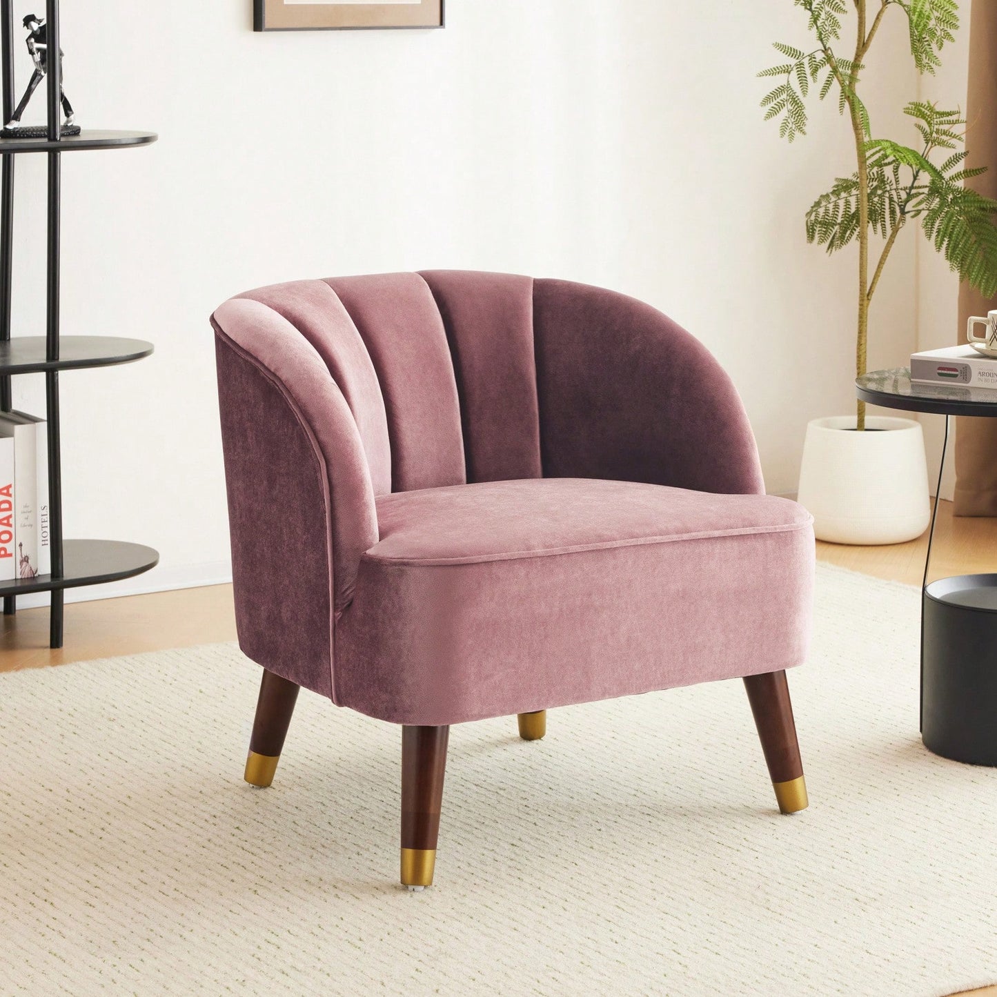 Modern Upholstered Accent Chair, Velvet Armchair With Sturdy Wooden Legs, Comfortable Tufted Barrel Chair For Living Room, Bedroom, Office
