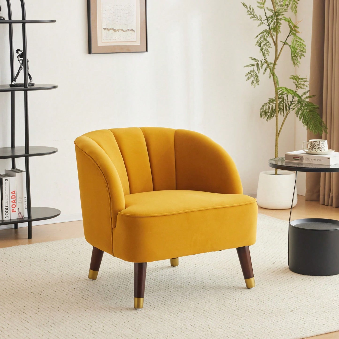 Modern Upholstered Accent Chair, Velvet Armchair With Sturdy Wooden Legs, Comfortable Tufted Barrel Chair For Living Room, Bedroom, Office