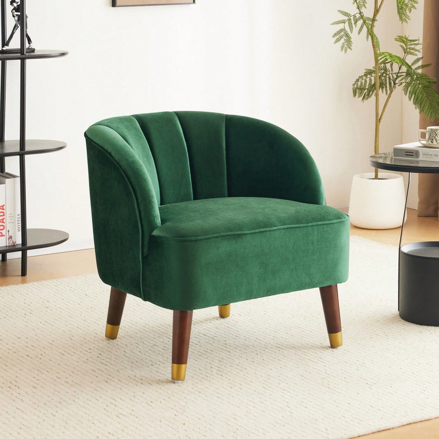Modern Upholstered Accent Chair, Velvet Armchair With Sturdy Wooden Legs, Comfortable Tufted Barrel Chair For Living Room, Bedroom, Office