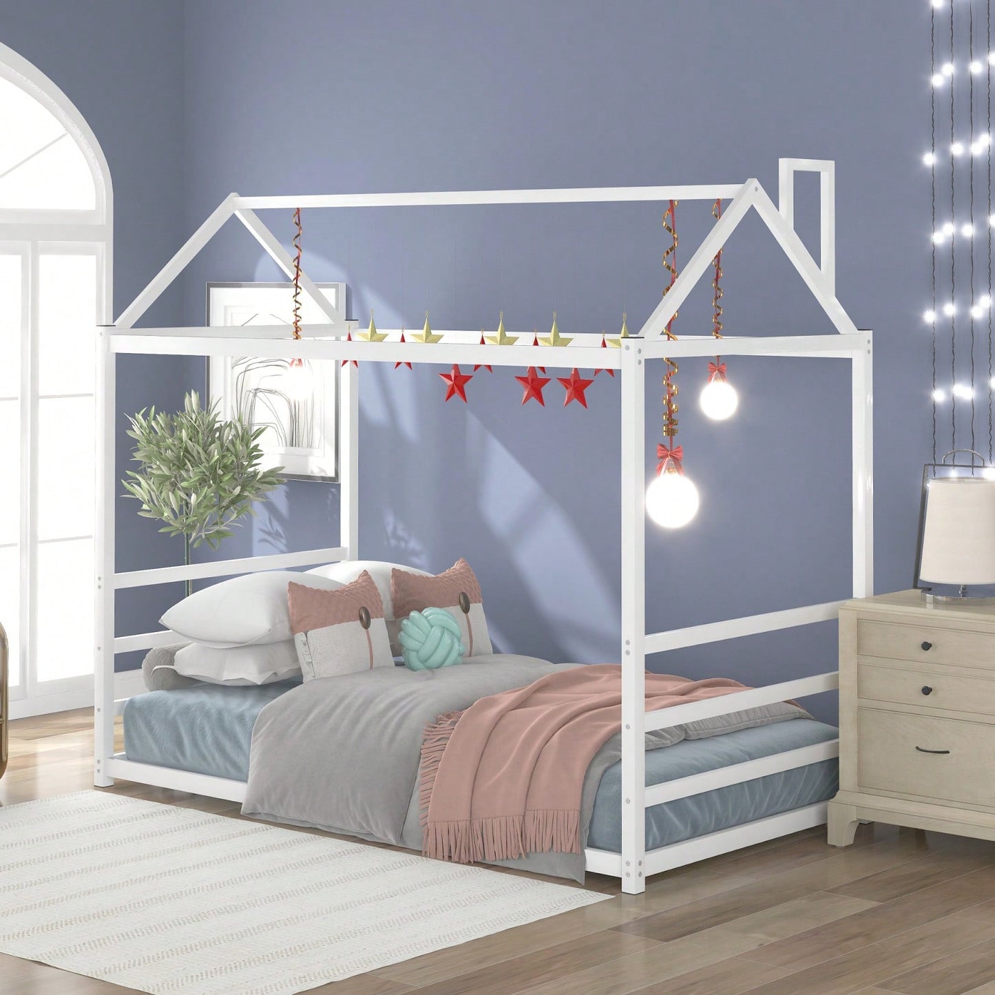 Twin Size House Bed Frame With Roof And Chimney, Playful Metal Platform Bed Frame For Kids And Adults, No Box Spring Needed, Easy Assembly