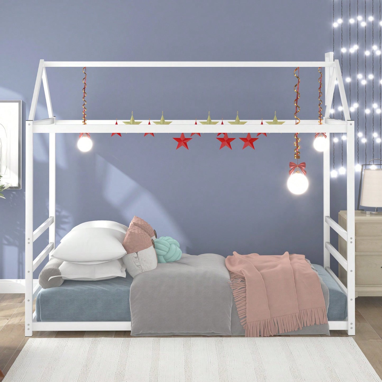 Twin Size House Bed Frame With Roof And Chimney, Playful Metal Platform Bed Frame For Kids And Adults, No Box Spring Needed, Easy Assembly
