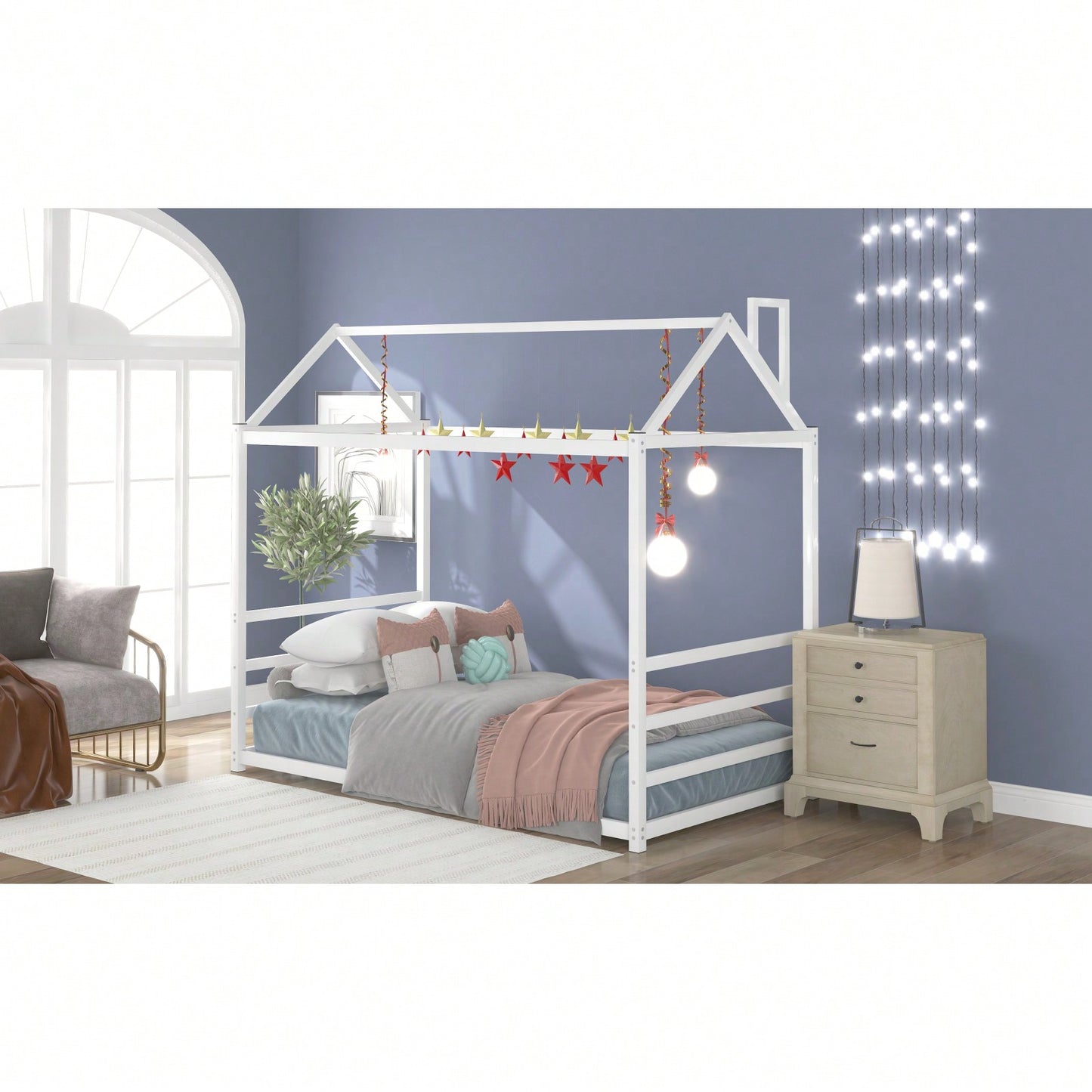 Twin Size House Bed Frame With Roof And Chimney, Playful Metal Platform Bed Frame For Kids And Adults, No Box Spring Needed, Easy Assembly