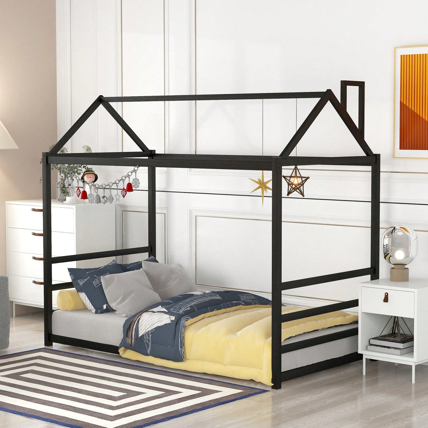 Twin Size House Bed Frame With Roof And Chimney, Playful Metal Platform Bed Frame For Kids And Adults, No Box Spring Needed, Easy Assembly