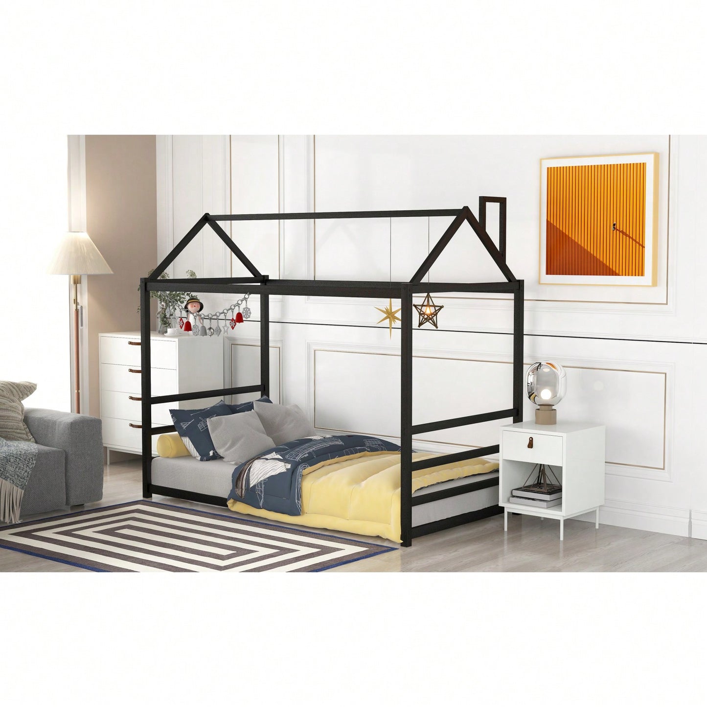 Twin Size House Bed Frame With Roof And Chimney, Playful Metal Platform Bed Frame For Kids And Adults, No Box Spring Needed, Easy Assembly