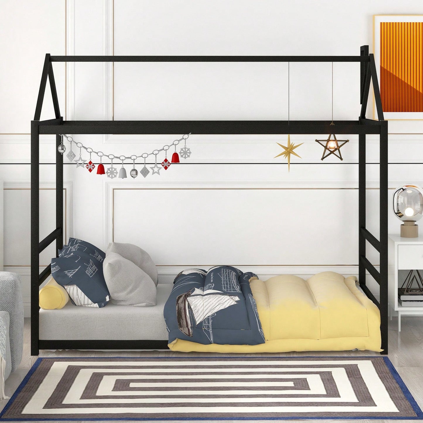 Twin Size House Bed Frame With Roof And Chimney, Playful Metal Platform Bed Frame For Kids And Adults, No Box Spring Needed, Easy Assembly