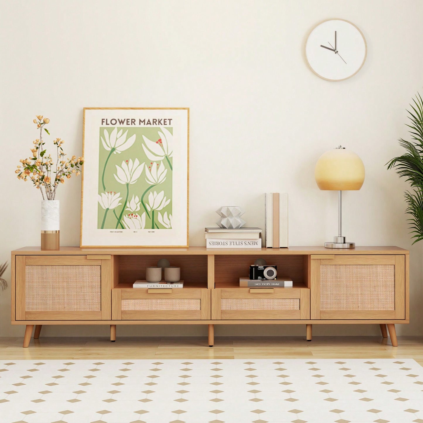 Rattan TV Stand For TVs Up To 85'', Modern Farmhouse Media Console, Entertainment Center With Solid Wood Legs, TV Cabinet For Living Room