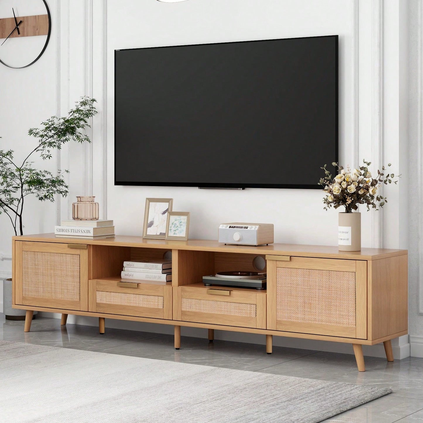Rattan TV Stand For TVs Up To 85'', Modern Farmhouse Media Console, Entertainment Center With Solid Wood Legs, TV Cabinet For Living Room