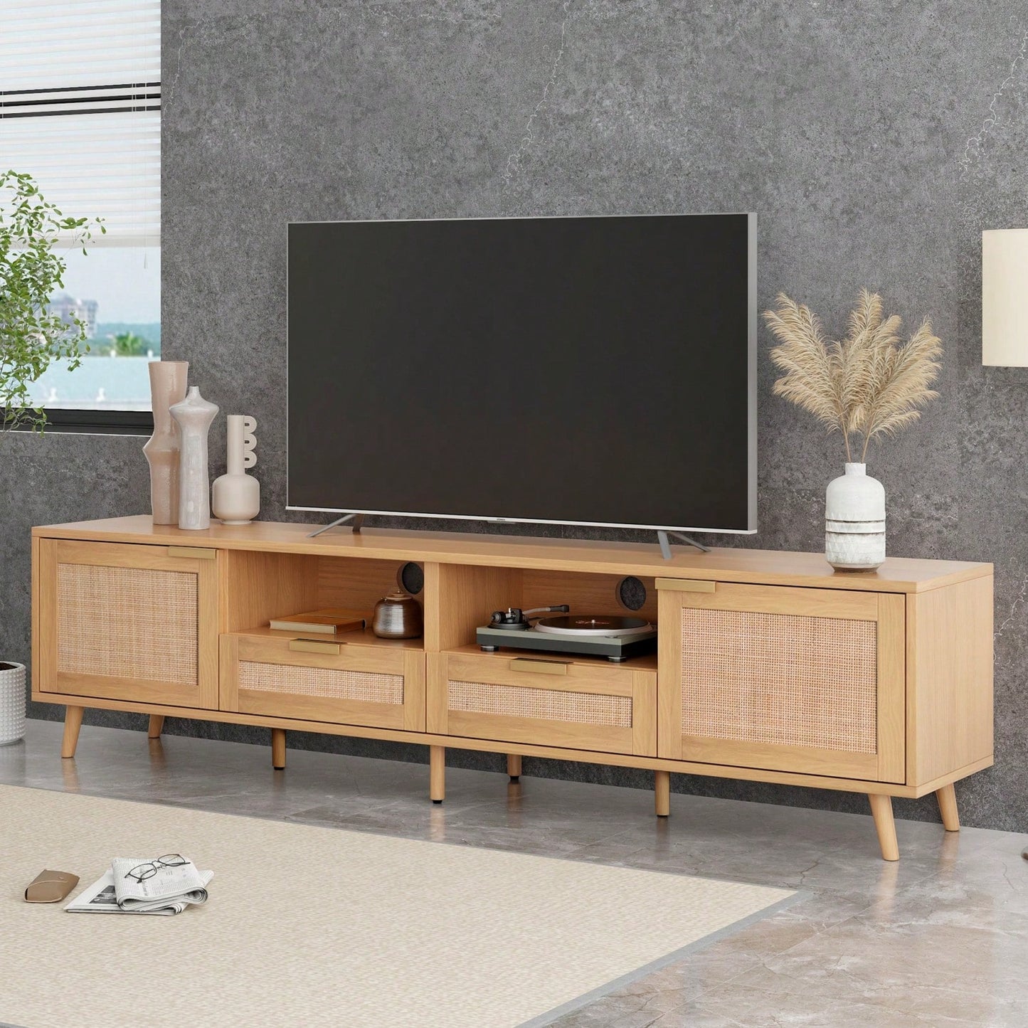 Rattan TV Stand For TVs Up To 85'', Modern Farmhouse Media Console, Entertainment Center With Solid Wood Legs, TV Cabinet For Living Room