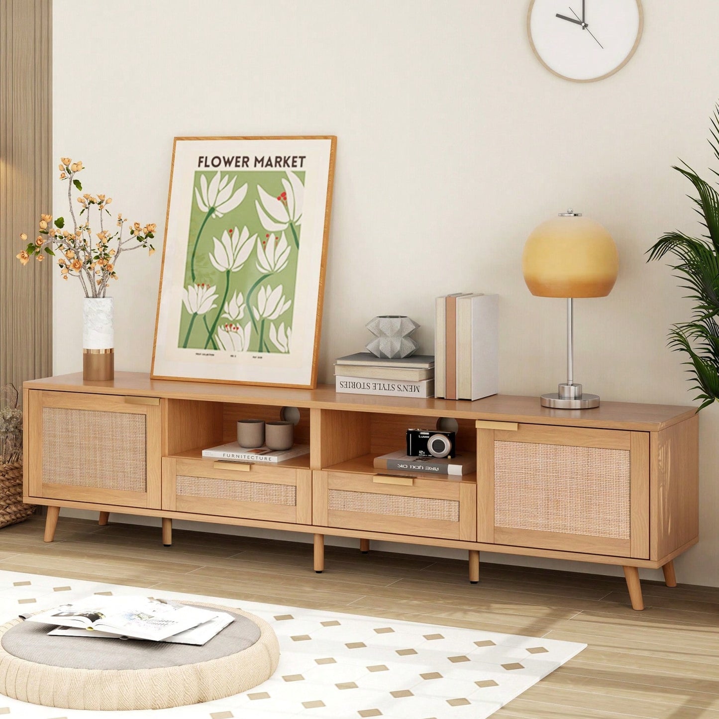 Rattan TV Stand For TVs Up To 85'', Modern Farmhouse Media Console, Entertainment Center With Solid Wood Legs, TV Cabinet For Living Room