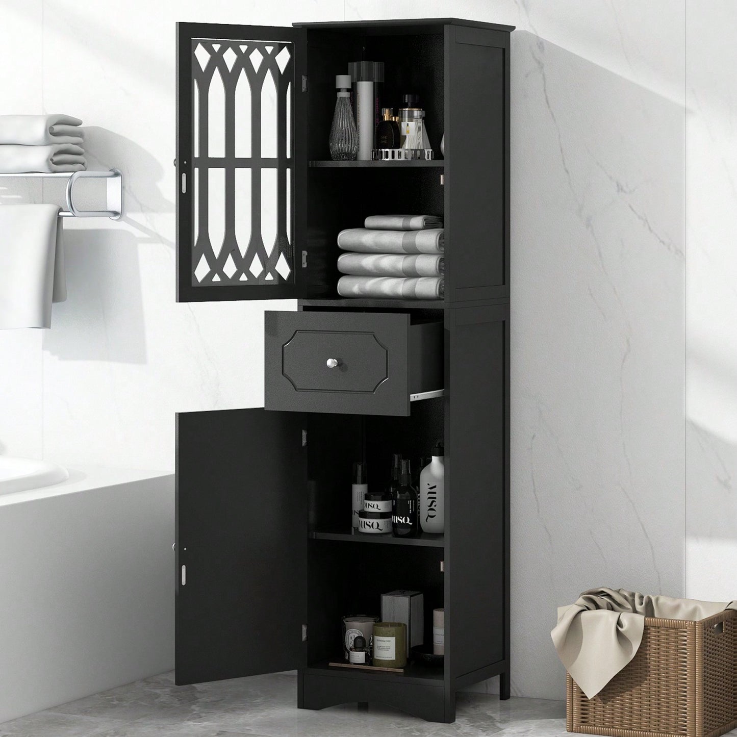 Freestanding Tall Bathroom Cabinet With Drawer And Doors, MDF Board, Acrylic Door, Adjustable Shelf
