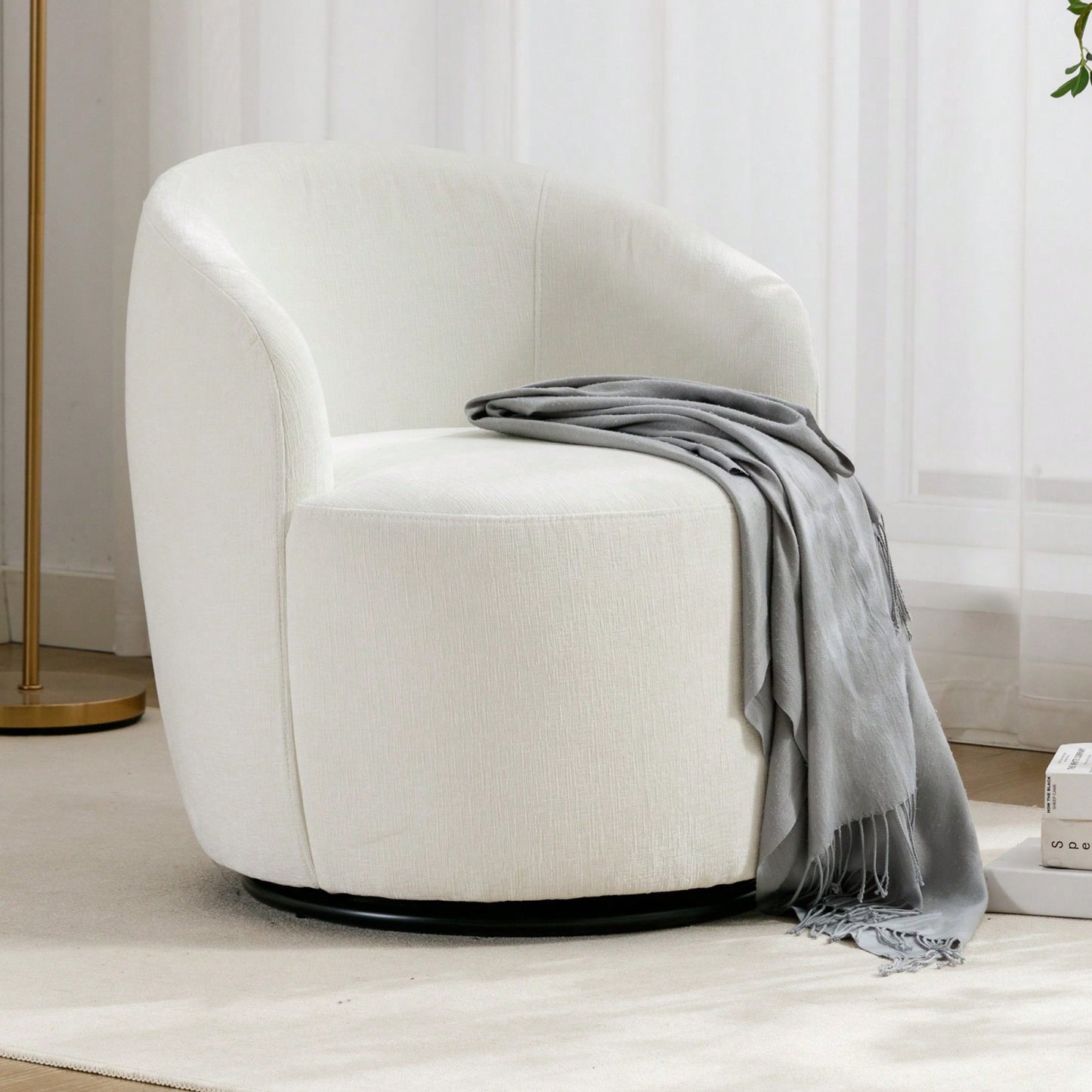 Chenille Fabric Swivel Accent Armchair Barrel Chair With Black Powder Coating Metal Ring