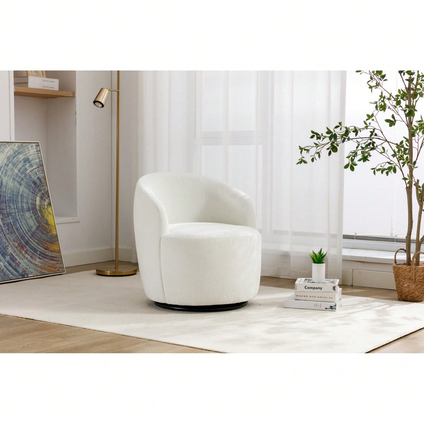 Chenille Fabric Swivel Accent Armchair Barrel Chair With Black Powder Coating Metal Ring