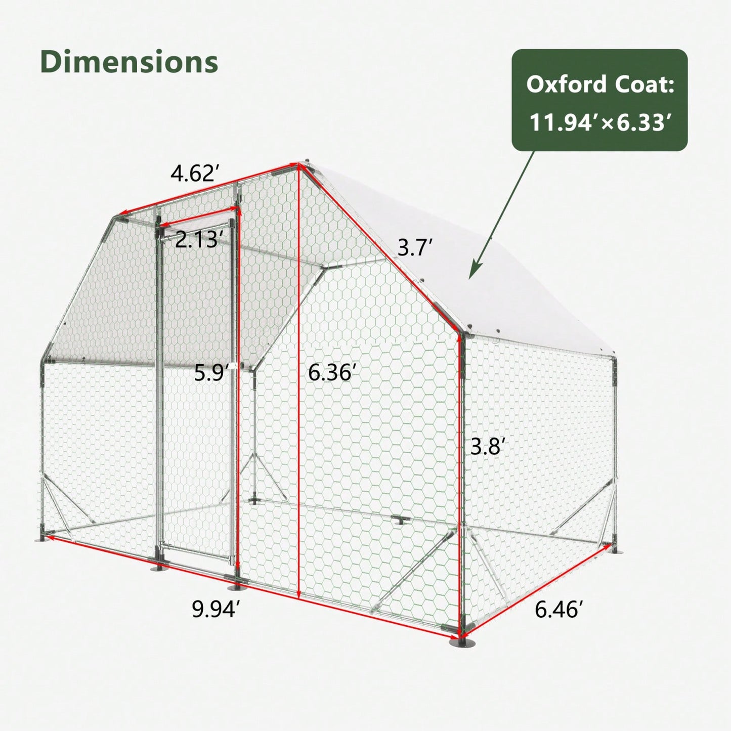 9.94 Ft. X 6.46 Ft. X 6.36 Ft. Metal Large Chicken Coop Walk-In Poultry Cage Run Flat Shaped With Waterproof Cover