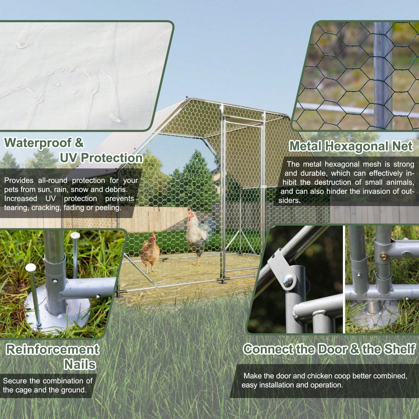 9.94 Ft. X 6.46 Ft. X 6.36 Ft. Metal Large Chicken Coop Walk-In Poultry Cage Run Flat Shaped With Waterproof Cover