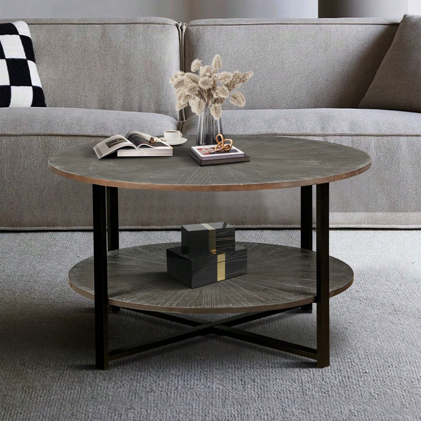 2-Tier Round Coffee Table With Storage, Farmhouse Living Room Cocktail Table With Black Metal Leg,Patchwork Desktop Effect Easy Assembly