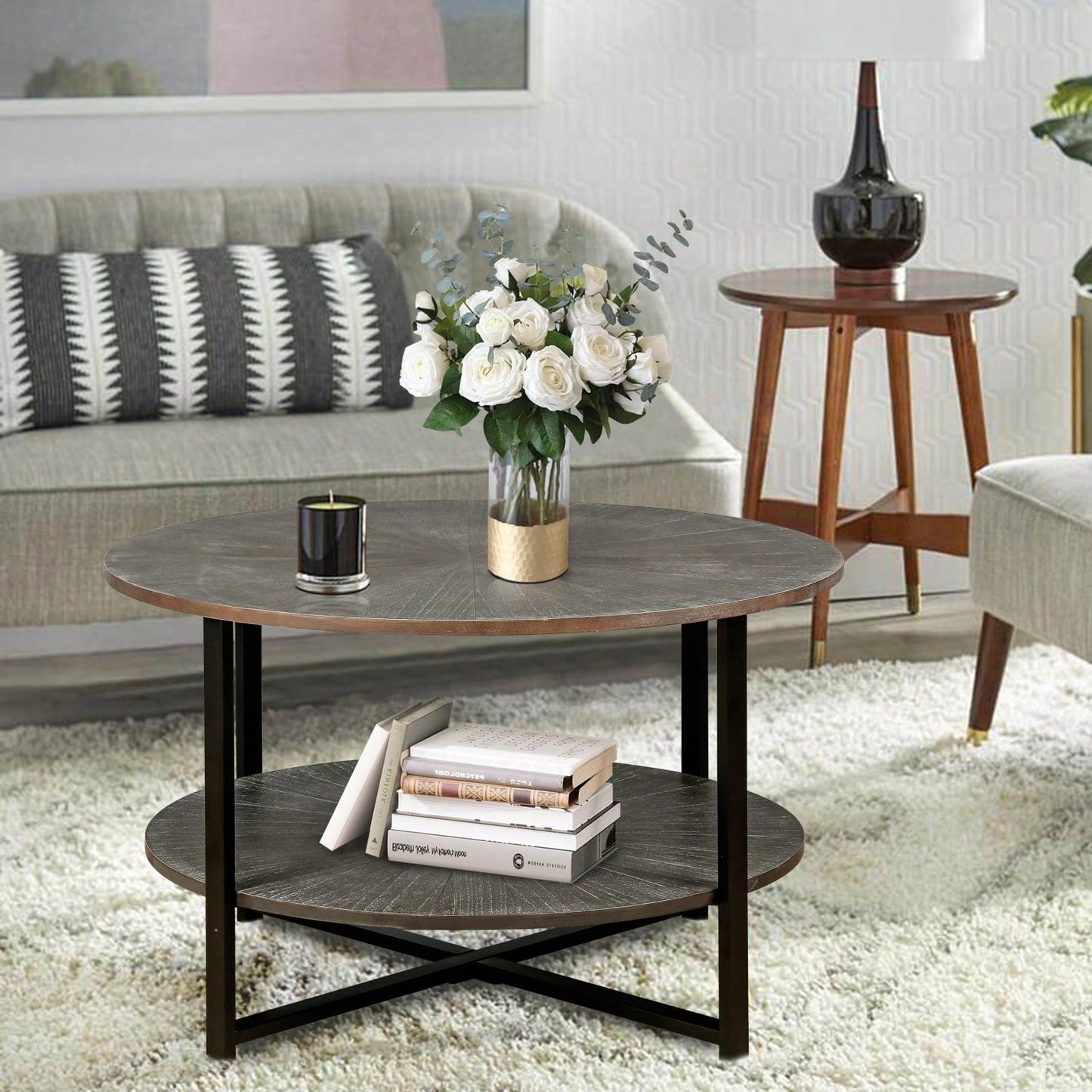 2-Tier Round Coffee Table With Storage, Farmhouse Living Room Cocktail Table With Black Metal Leg,Patchwork Desktop Effect Easy Assembly