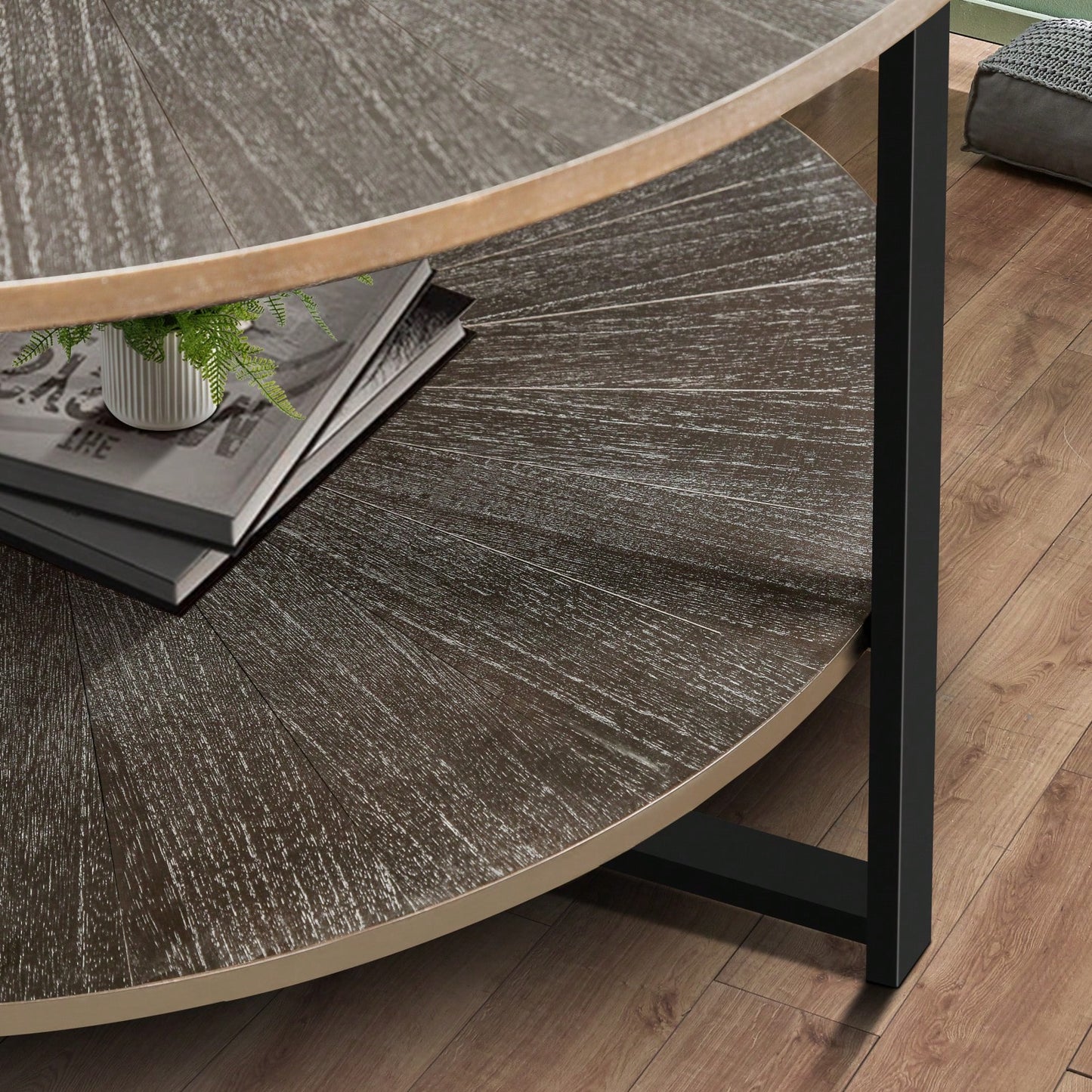 2-Tier Round Coffee Table With Storage, Farmhouse Living Room Cocktail Table With Black Metal Leg,Patchwork Desktop Effect Easy Assembly