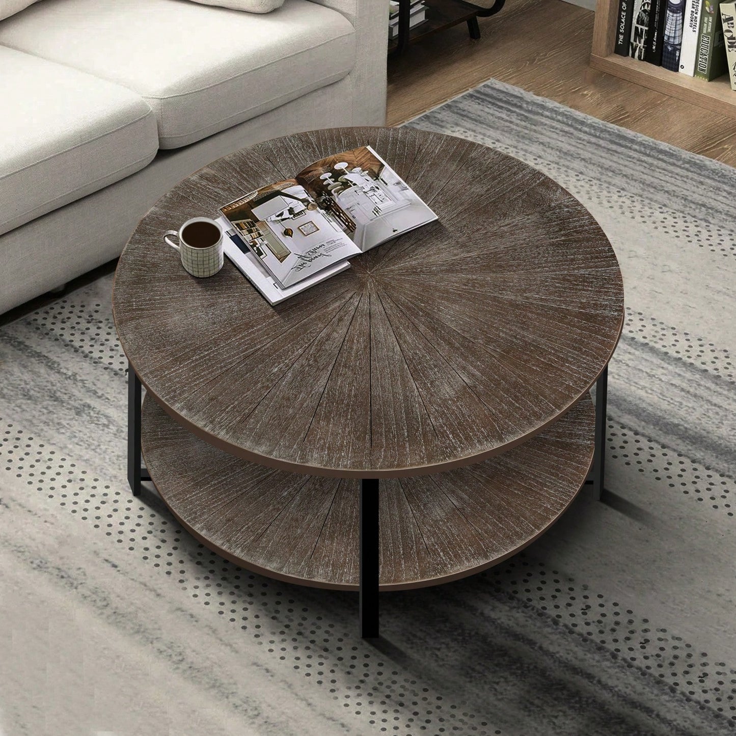 2-Tier Round Coffee Table With Storage, Farmhouse Living Room Cocktail Table With Black Metal Leg,Patchwork Desktop Effect Easy Assembly