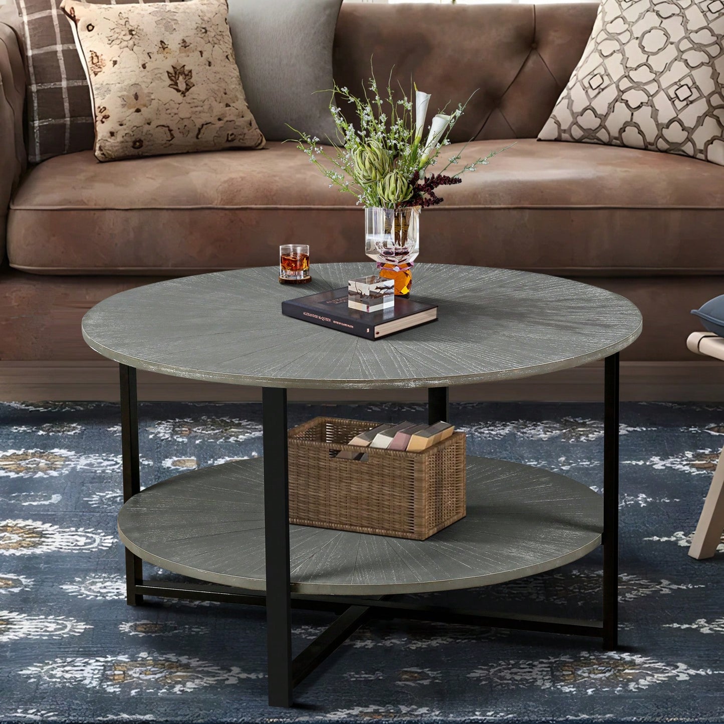 2-Tier Round Coffee Table With Storage, Farmhouse Living Room Cocktail Table With Black Metal Leg,Patchwork Desktop Effect Easy Assembly