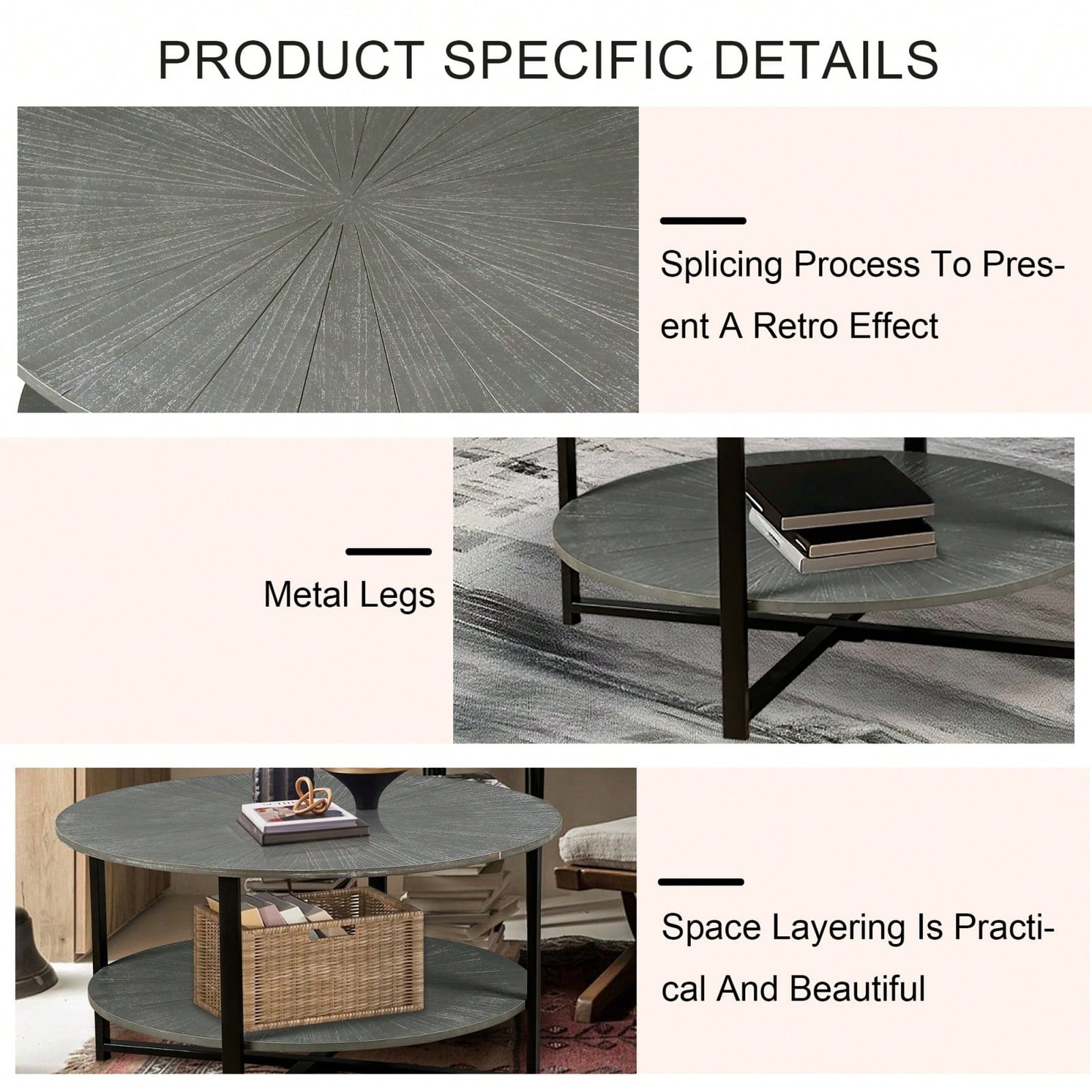 2-Tier Round Coffee Table With Storage, Farmhouse Living Room Cocktail Table With Black Metal Leg,Patchwork Desktop Effect Easy Assembly