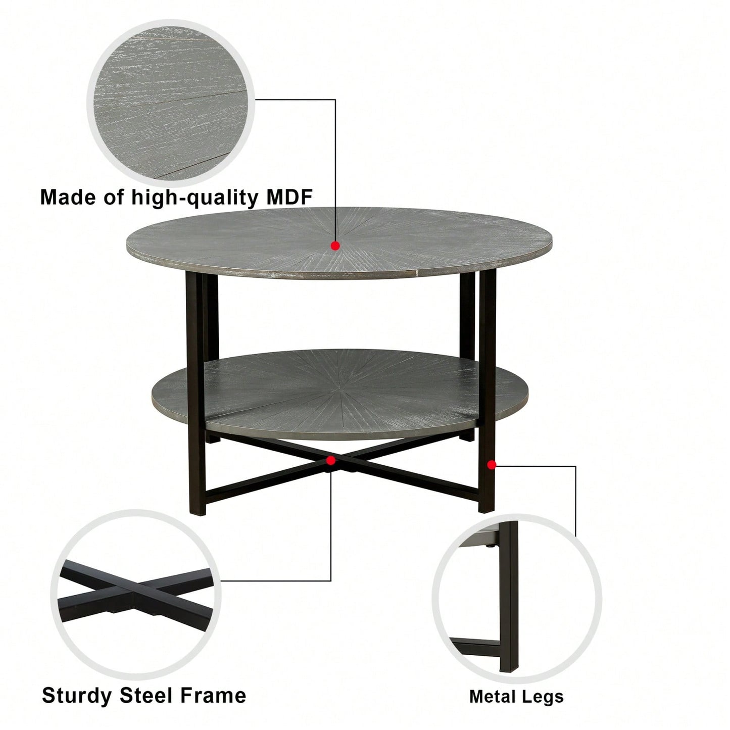 2-Tier Round Coffee Table With Storage, Farmhouse Living Room Cocktail Table With Black Metal Leg,Patchwork Desktop Effect Easy Assembly